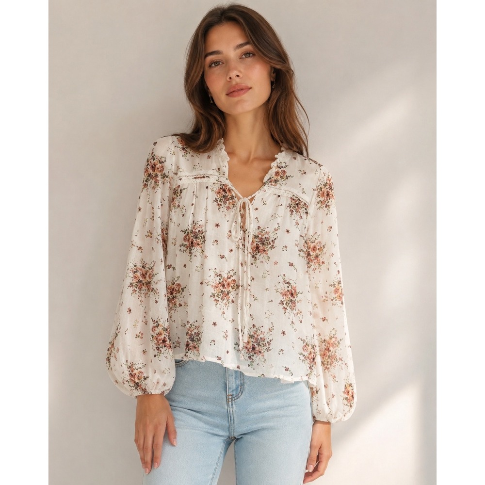 Altar'd State Floral Ruffle‎ Blouse Womens XS Boho Cottagecore Balloon Sleeve